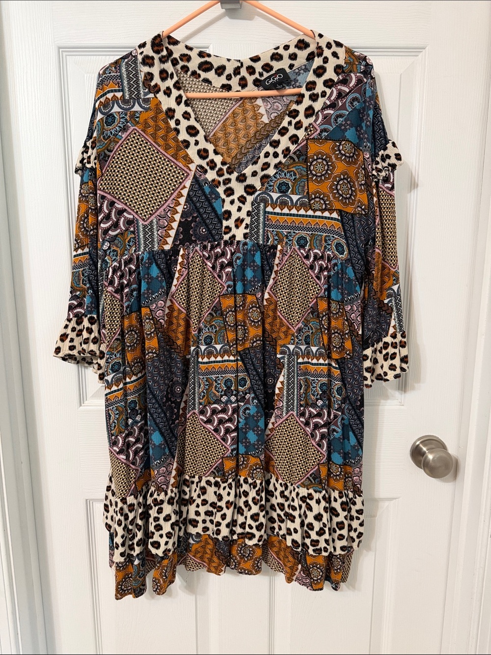 Gigio Multicolor Patchwork V-Neck Tunic — Teal, Mustard & Ivory